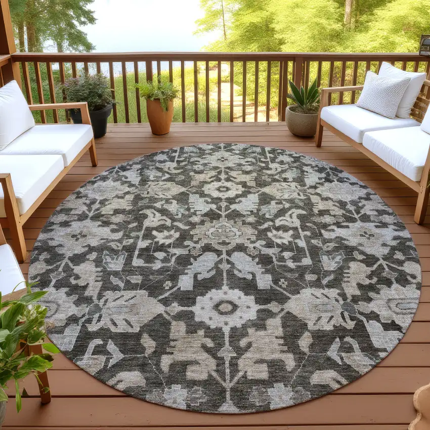 8' Chocolate And Gray Round Floral Washable Indoor Outdoor Area Rug Photo 4