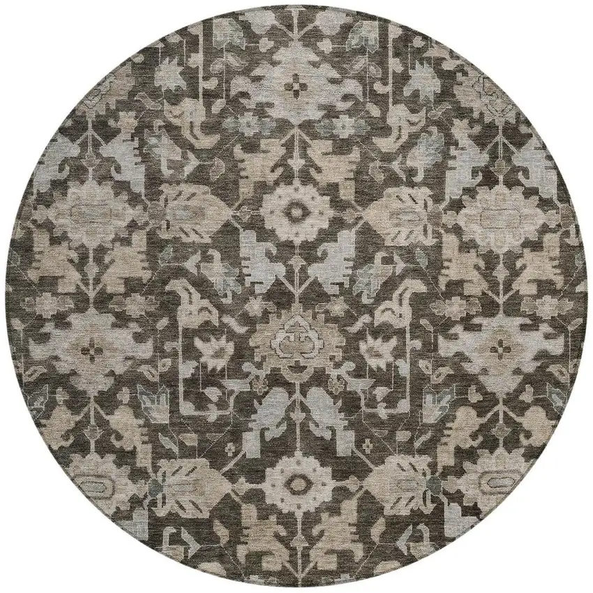 8' Chocolate And Gray Round Floral Washable Indoor Outdoor Area Rug Photo 3