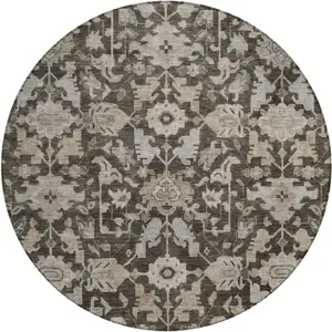 Photo of 8' Chocolate And Gray Round Floral Washable Indoor Outdoor Area Rug