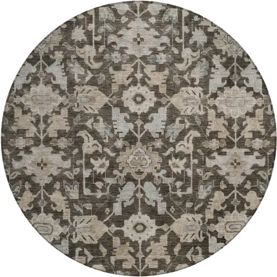 8' Chocolate And Gray Round Floral Washable Indoor Outdoor Area Rug Photo 1
