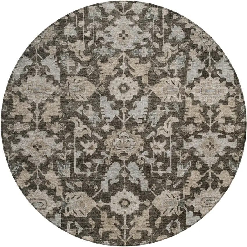 8' Chocolate And Gray Round Floral Washable Indoor Outdoor Area Rug Photo 1