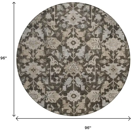 8' Chocolate And Gray Round Floral Washable Indoor Outdoor Area Rug Photo 3