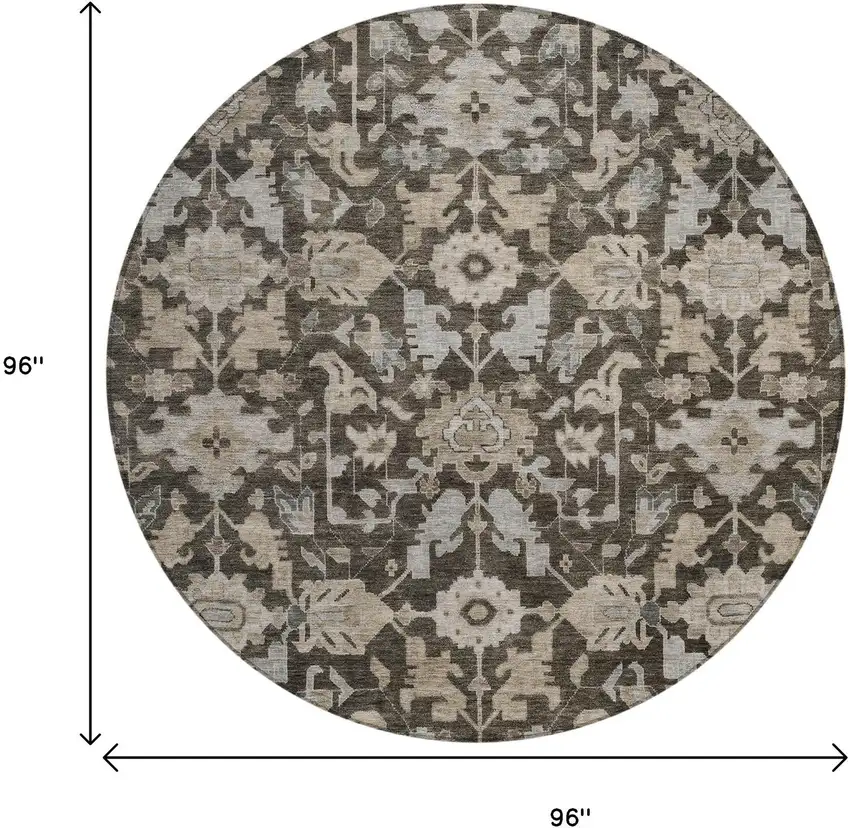 8' Chocolate And Gray Round Floral Washable Indoor Outdoor Area Rug Photo 3