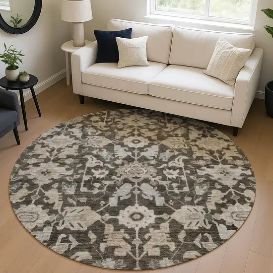 8' Chocolate And Gray Round Floral Washable Indoor Outdoor Area Rug Photo 5