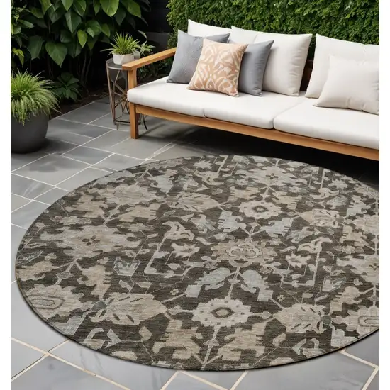 8' Chocolate And Gray Round Floral Washable Indoor Outdoor Area Rug Photo 1
