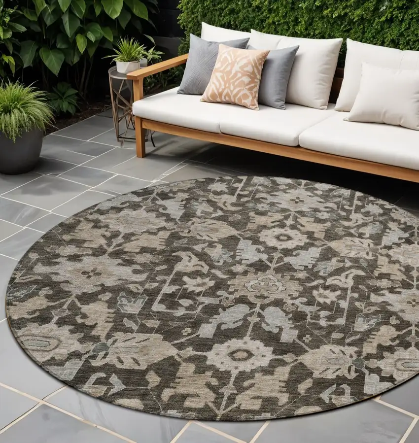 8' Chocolate And Gray Round Floral Washable Indoor Outdoor Area Rug Photo 1