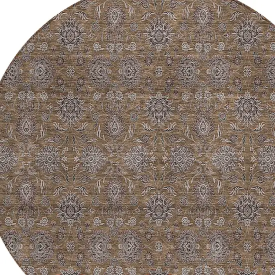 8' Chocolate And Gray Round Floral Washable Indoor Outdoor Area Rug Photo 4