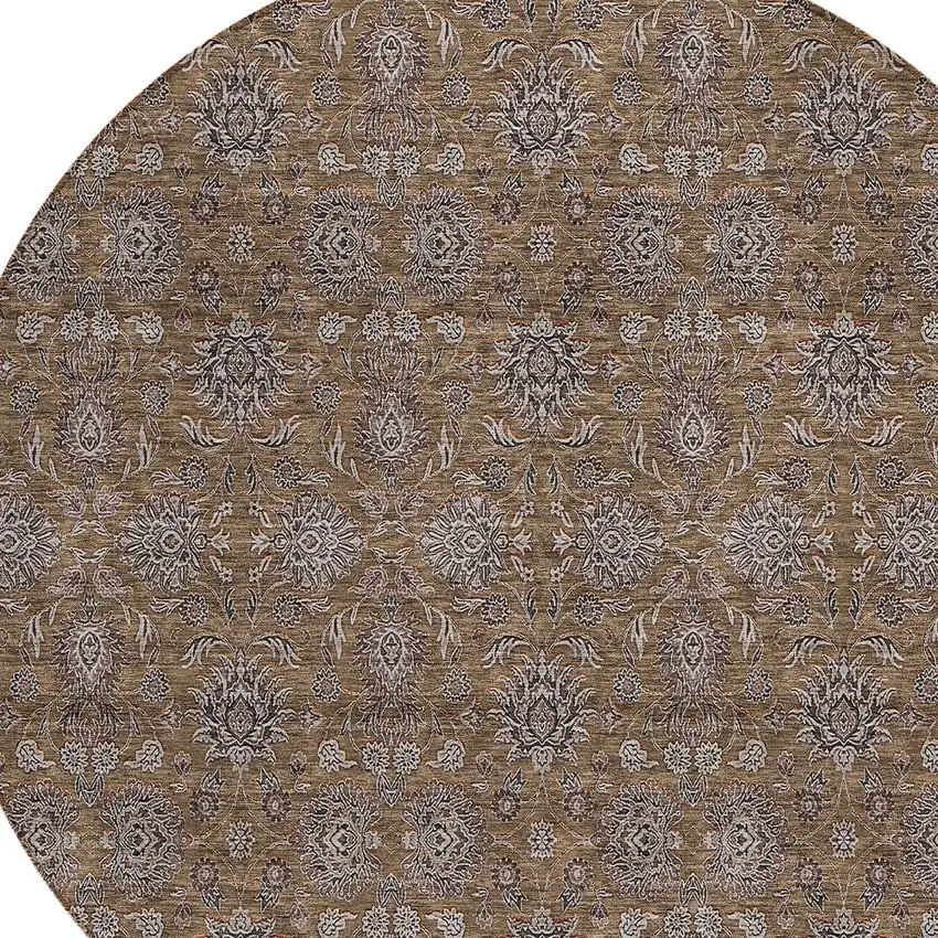 8' Chocolate And Gray Round Floral Washable Indoor Outdoor Area Rug Photo 4