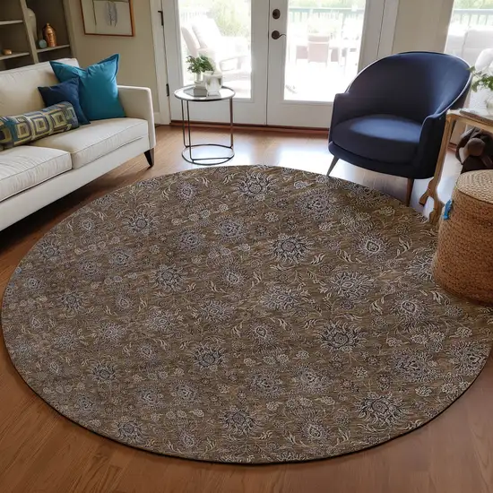 8' Chocolate And Gray Round Floral Washable Indoor Outdoor Area Rug Photo 7