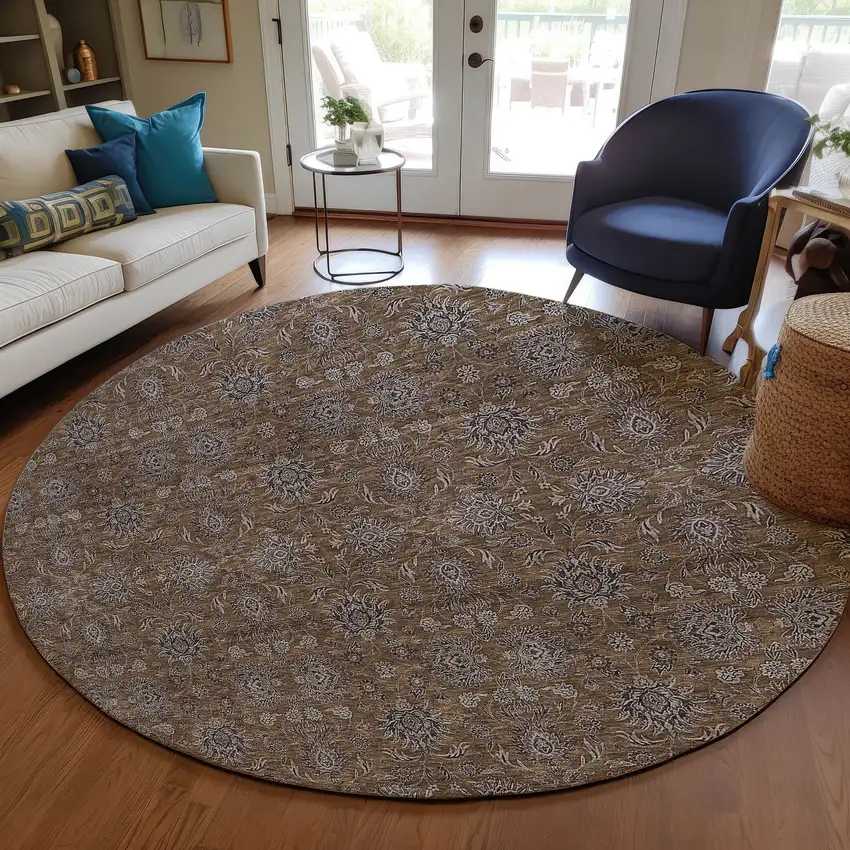 8' Chocolate And Gray Round Floral Washable Indoor Outdoor Area Rug Photo 7