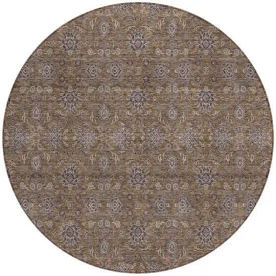 8' Chocolate And Gray Round Floral Washable Indoor Outdoor Area Rug Photo 5