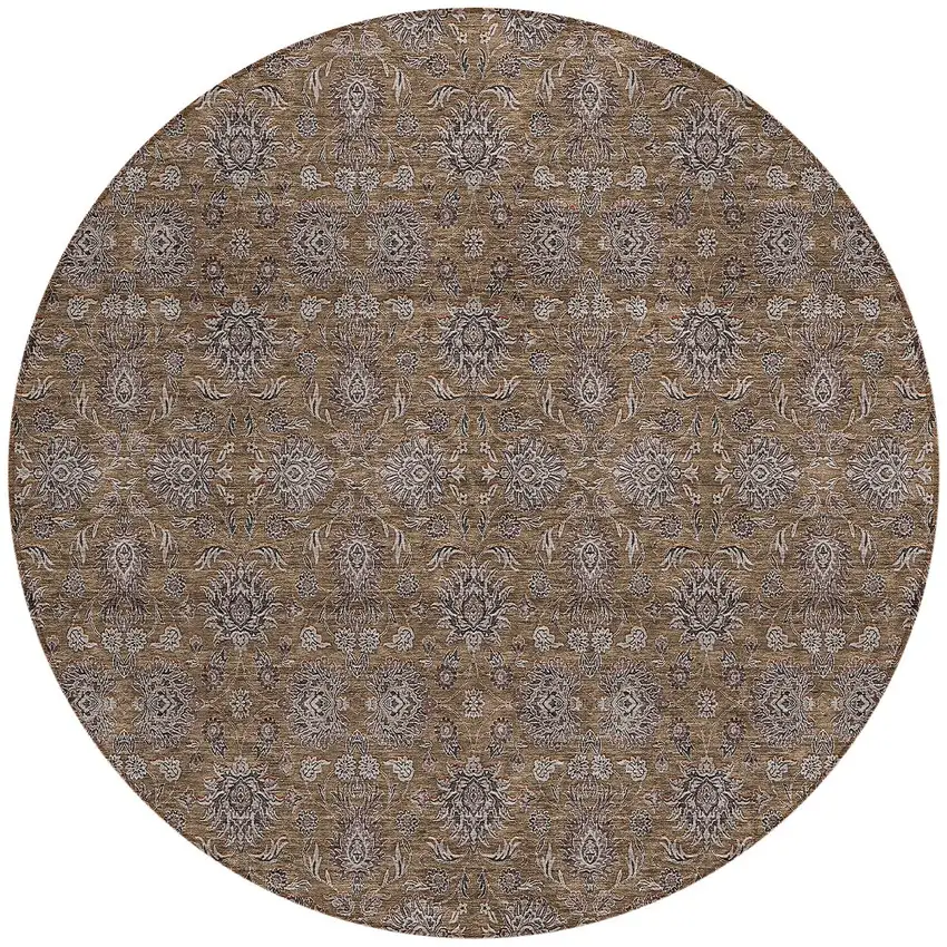 8' Chocolate And Gray Round Floral Washable Indoor Outdoor Area Rug Photo 5