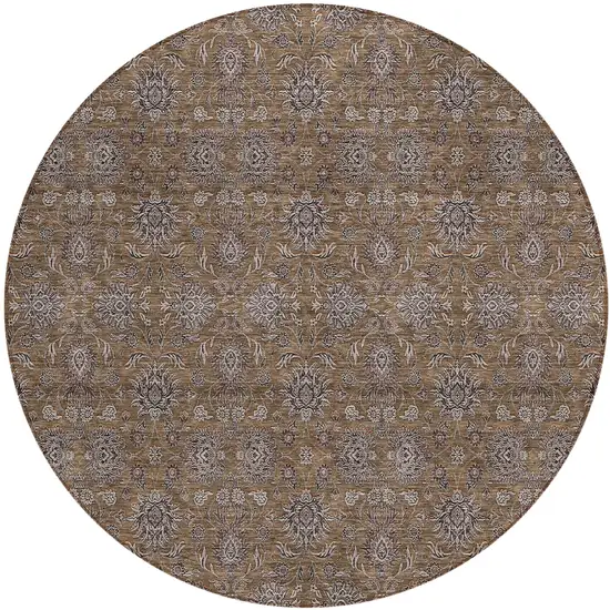 8' Chocolate And Gray Round Floral Washable Indoor Outdoor Area Rug Photo 1