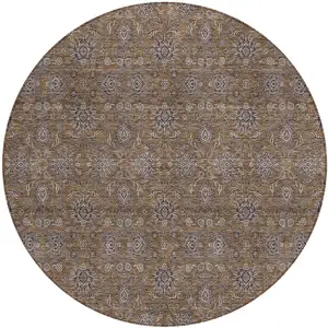 Photo of 8' Chocolate And Gray Round Floral Washable Indoor Outdoor Area Rug