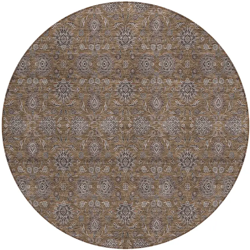 8' Chocolate And Gray Round Floral Washable Indoor Outdoor Area Rug Photo 1