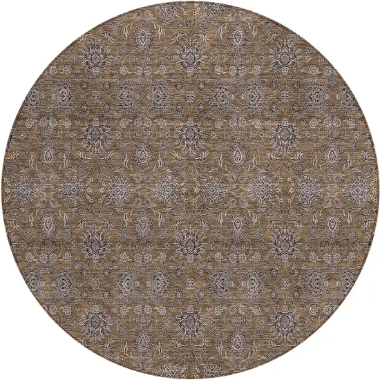 8' Chocolate And Gray Round Floral Washable Indoor Outdoor Area Rug Photo 1
