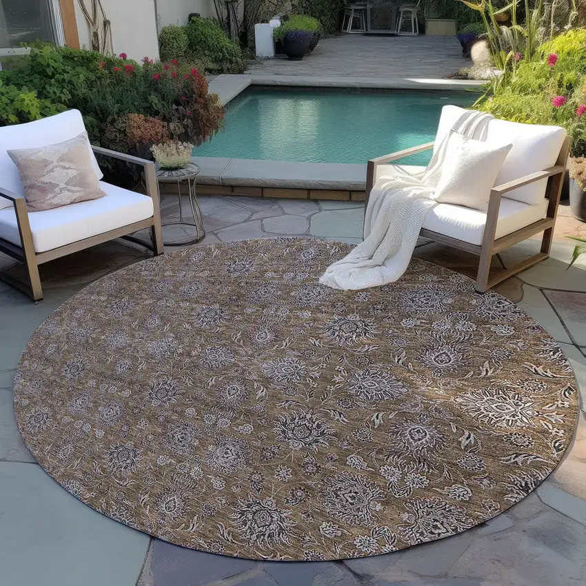 8' Chocolate And Gray Round Floral Washable Indoor Outdoor Area Rug Photo 6