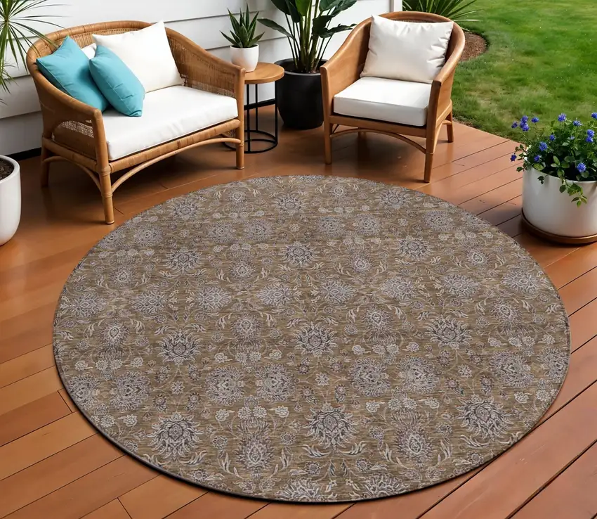 8' Chocolate And Gray Round Floral Washable Indoor Outdoor Area Rug Photo 1