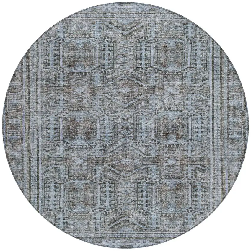 8' Chocolate And Gray Round Geometric Washable Indoor Outdoor Area Rug Photo 4