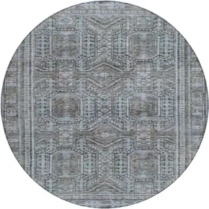 Photo of 8' Chocolate And Gray Round Geometric Washable Indoor Outdoor Area Rug