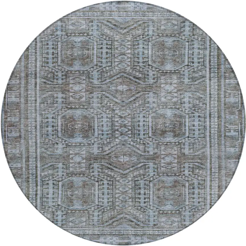 8' Chocolate And Gray Round Geometric Washable Indoor Outdoor Area Rug Photo 1
