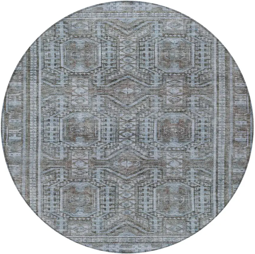 8' Chocolate And Gray Round Geometric Washable Indoor Outdoor Area Rug Photo 3
