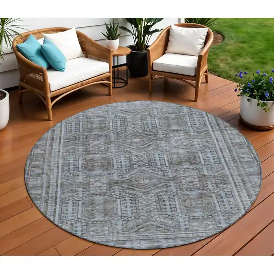 8' Chocolate And Gray Round Geometric Washable Indoor Outdoor Area Rug Photo 2