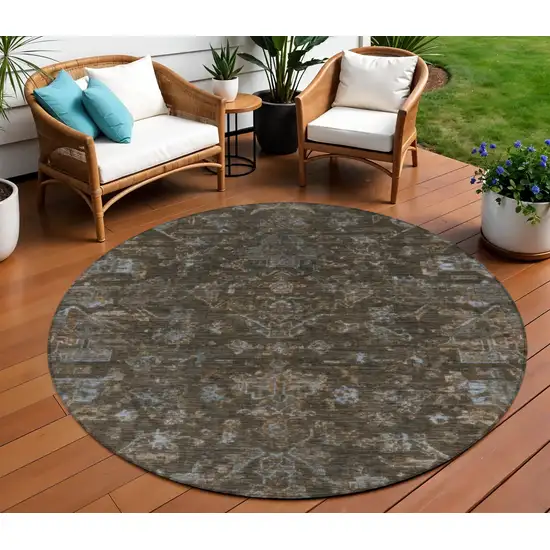 8' Chocolate And Gray Round Medallion Washable Indoor Outdoor Area Rug Photo 1