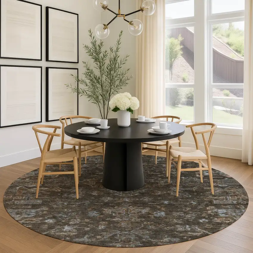 8' Chocolate And Gray Round Medallion Washable Indoor Outdoor Area Rug Photo 9
