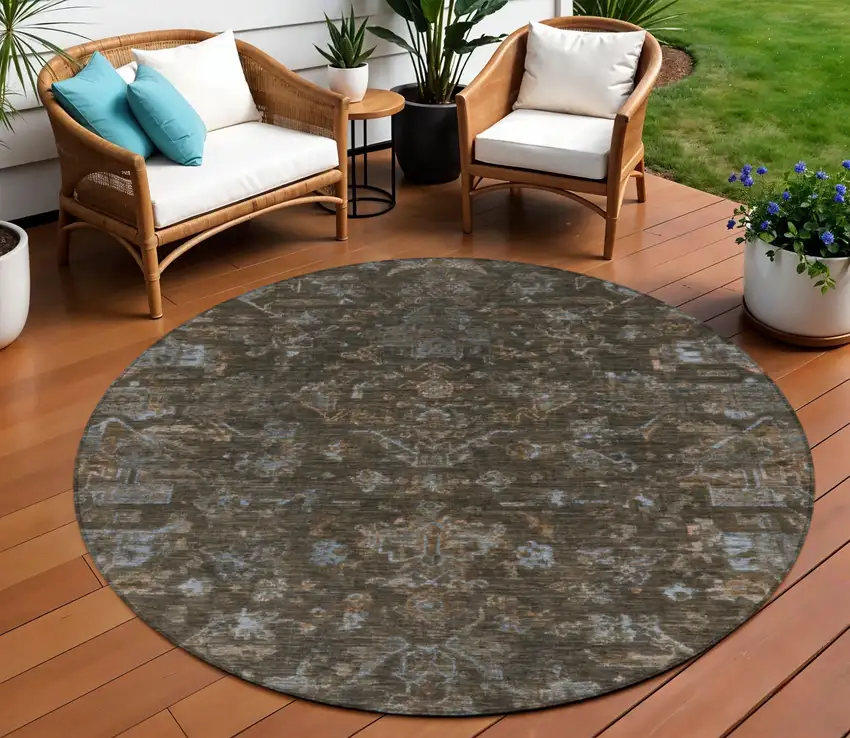 8' Chocolate And Gray Round Medallion Washable Indoor Outdoor Area Rug Photo 1