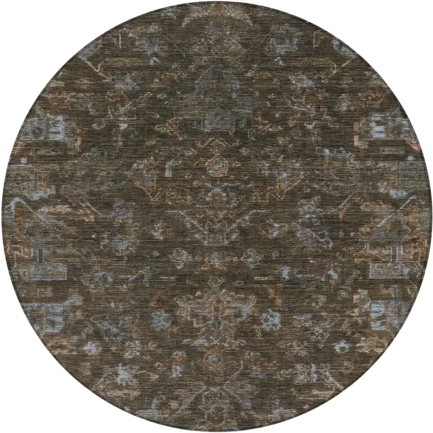 8' Chocolate And Gray Round Medallion Washable Indoor Outdoor Area Rug Photo 2