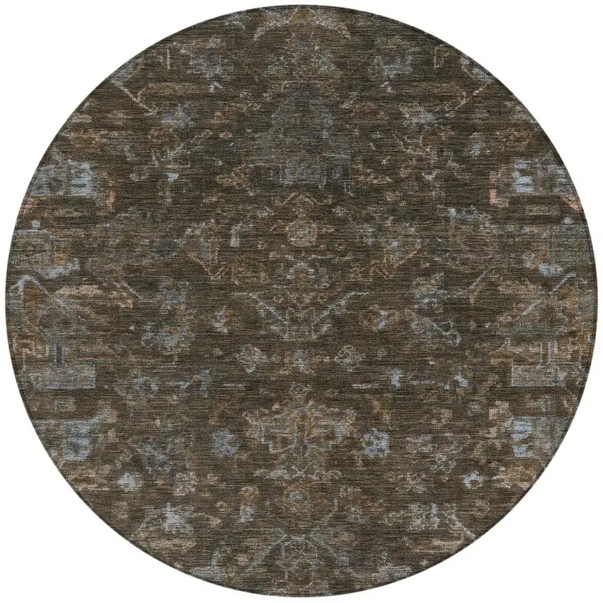 8' Chocolate And Gray Round Medallion Washable Indoor Outdoor Area Rug Photo 4