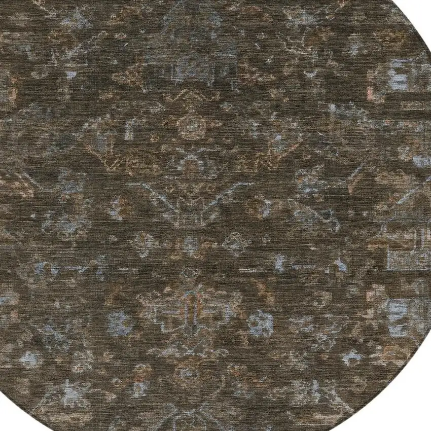 8' Chocolate And Gray Round Medallion Washable Indoor Outdoor Area Rug Photo 7