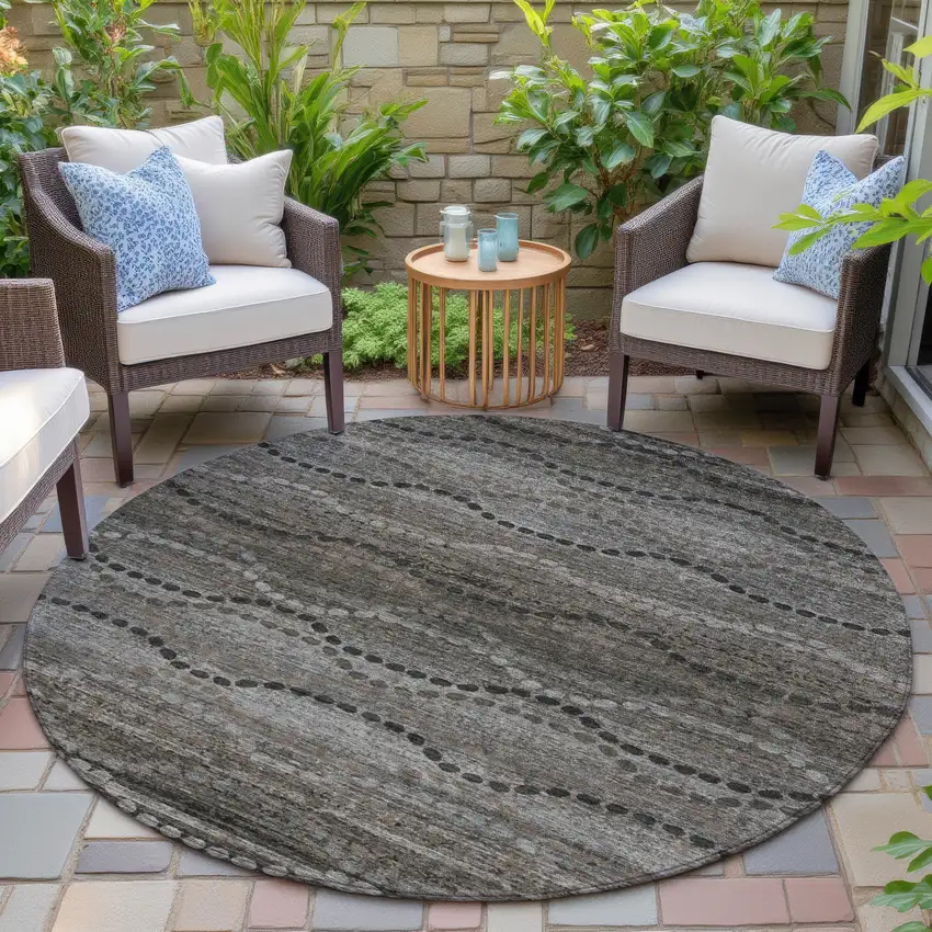 8' Chocolate And Gray Round Ogee Washable Indoor Outdoor Area Rug Photo 6