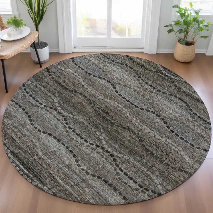 8' Chocolate And Gray Round Ogee Washable Indoor Outdoor Area Rug Photo 5