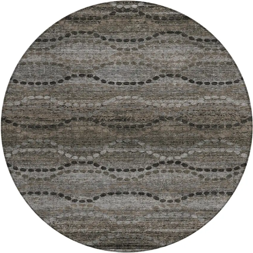 8' Chocolate And Gray Round Ogee Washable Indoor Outdoor Area Rug Photo 1