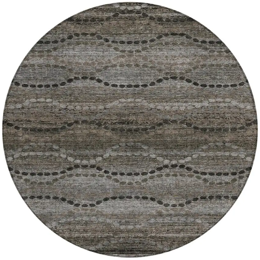 8' Chocolate And Gray Round Ogee Washable Indoor Outdoor Area Rug Photo 4
