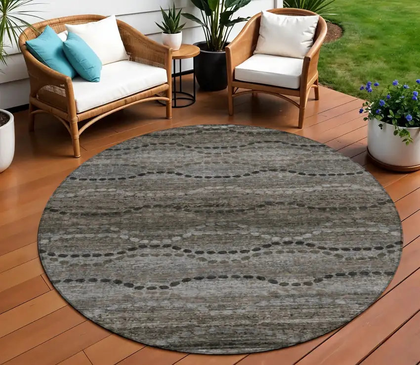 8' Chocolate And Gray Round Ogee Washable Indoor Outdoor Area Rug Photo 2