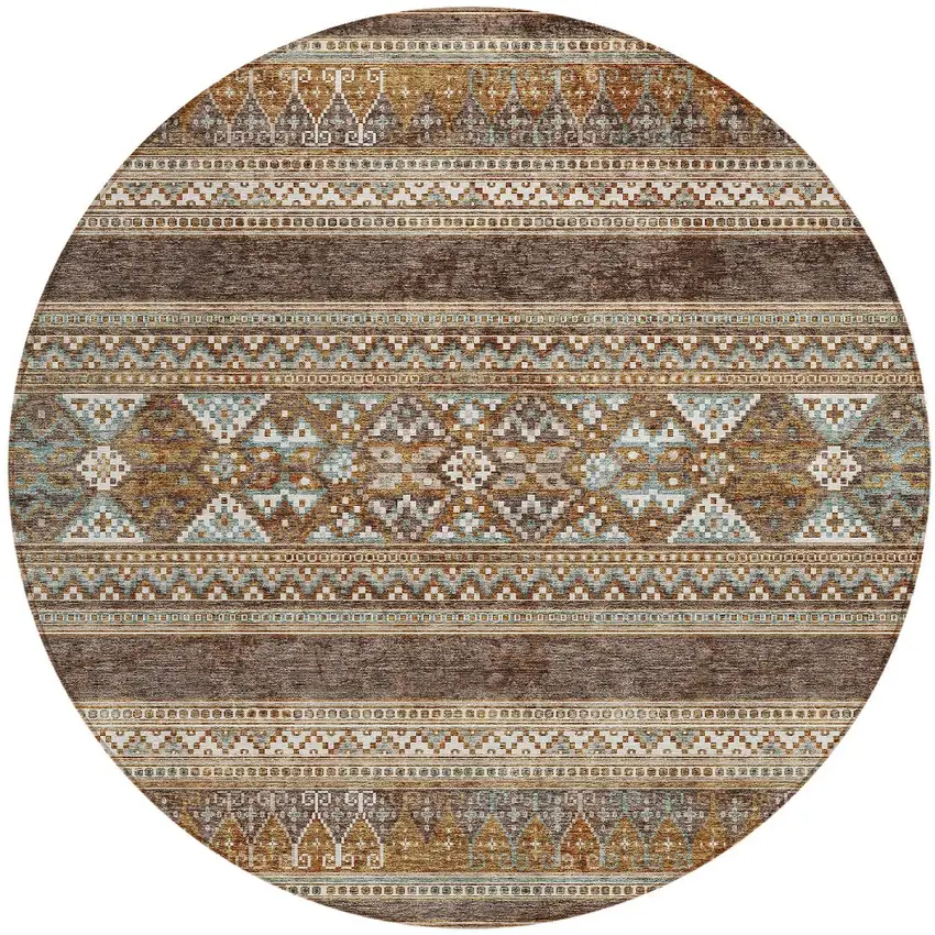 8' Chocolate And Gray Round Southwestern Washable Indoor Outdoor Area Rug Photo 2