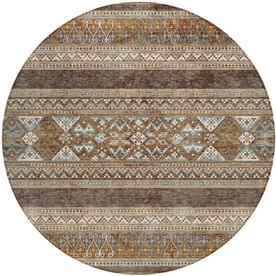 8' Chocolate And Gray Round Southwestern Washable Indoor Outdoor Area Rug Photo 1