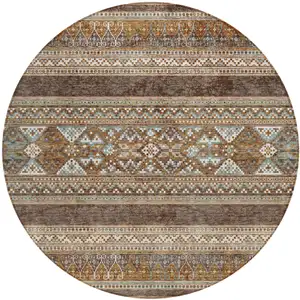 Photo of 8' Chocolate And Gray Round Southwestern Washable Indoor Outdoor Area Rug