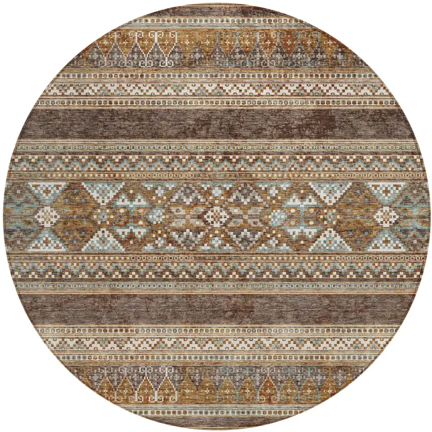8' Chocolate And Gray Round Southwestern Washable Indoor Outdoor Area Rug Photo 1