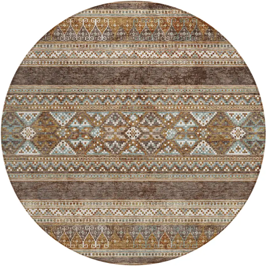 8' Chocolate And Gray Round Southwestern Washable Indoor Outdoor Area Rug Photo 1
