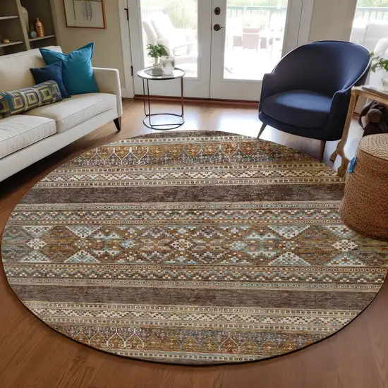 8' Chocolate And Gray Round Southwestern Washable Indoor Outdoor Area Rug Photo 8