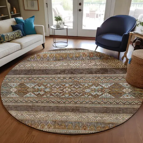 8' Chocolate And Gray Round Southwestern Washable Indoor Outdoor Area Rug Photo 8
