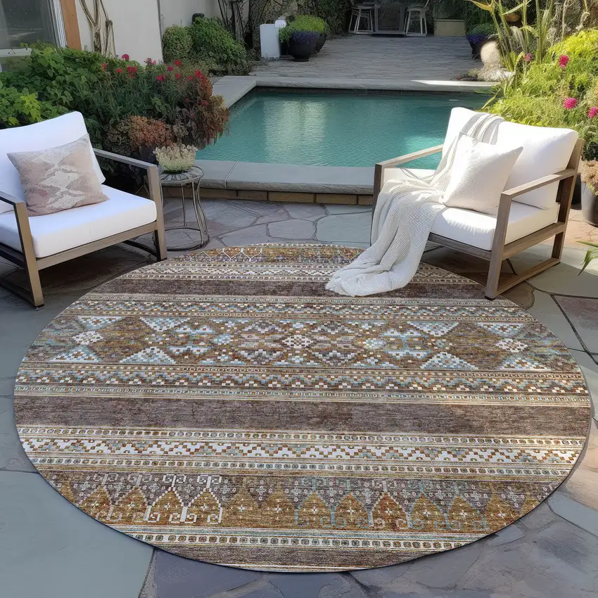 8' Chocolate And Gray Round Southwestern Washable Indoor Outdoor Area Rug Photo 7