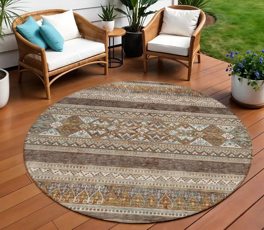 8' Chocolate And Gray Round Southwestern Washable Indoor Outdoor Area Rug Photo 1
