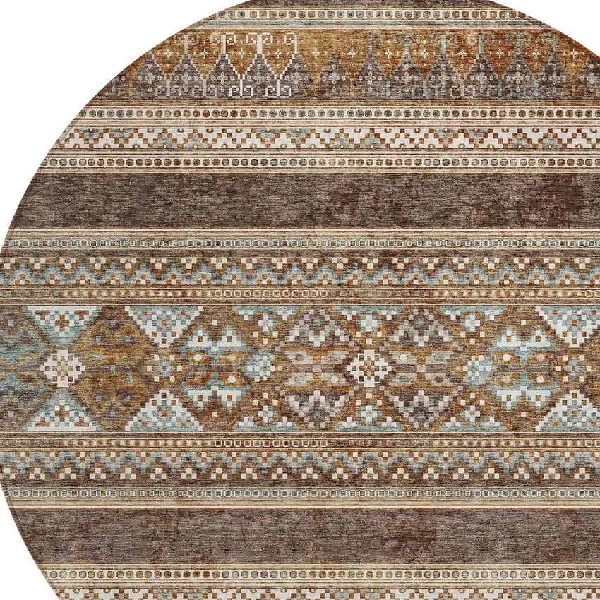 8' Chocolate And Gray Round Southwestern Washable Indoor Outdoor Area Rug Photo 5