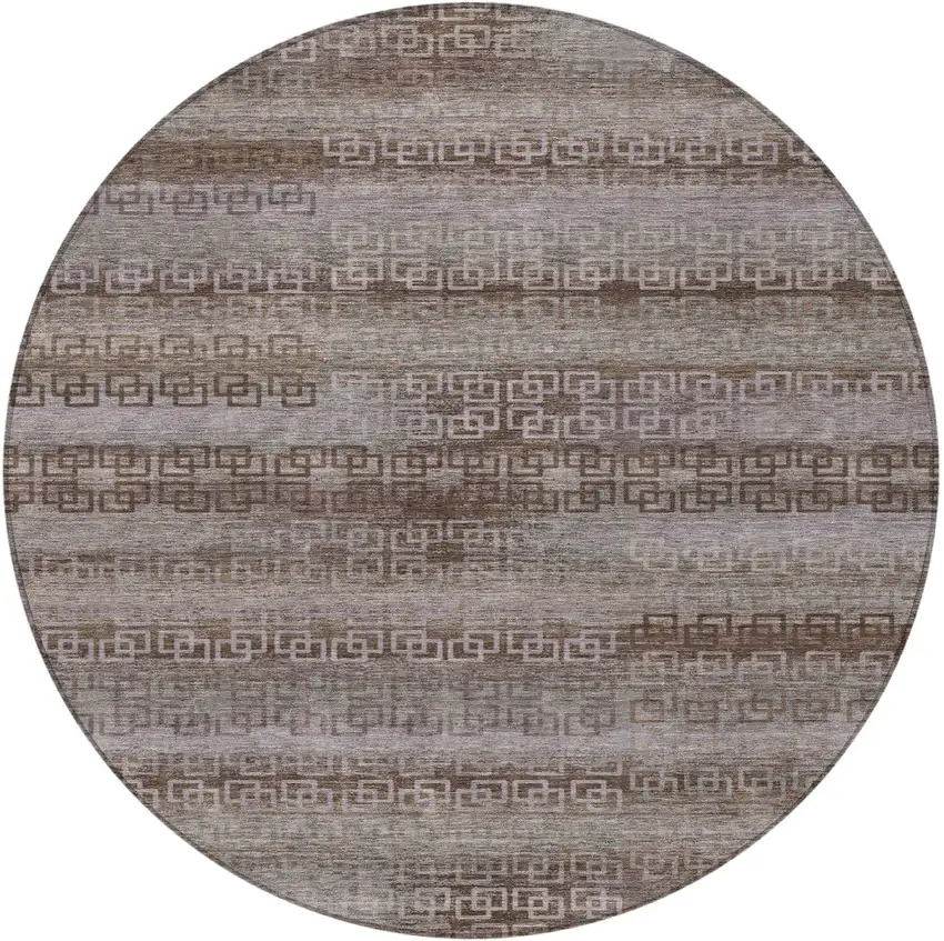 8' Chocolate And Gray Round Striped Washable Indoor Outdoor Area Rug Photo 3