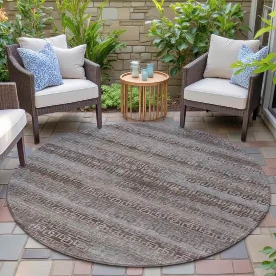 8' Chocolate And Gray Round Striped Washable Indoor Outdoor Area Rug Photo 7